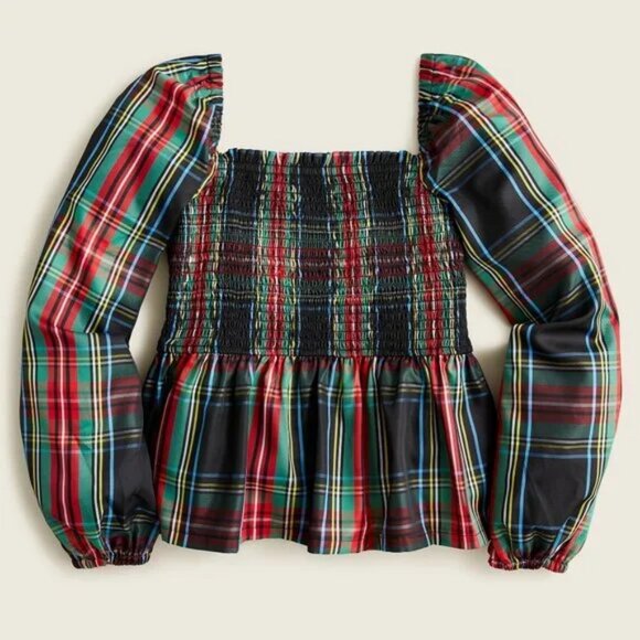 NWT J Crew Green Blue Red Tartan Plaid Fall Crop Peplum Peasant Blouse Top XS - Picture 2 of 5